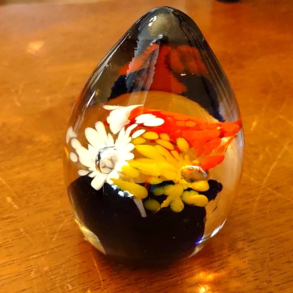 Art Glass Floral Egg Shaped Paperweight